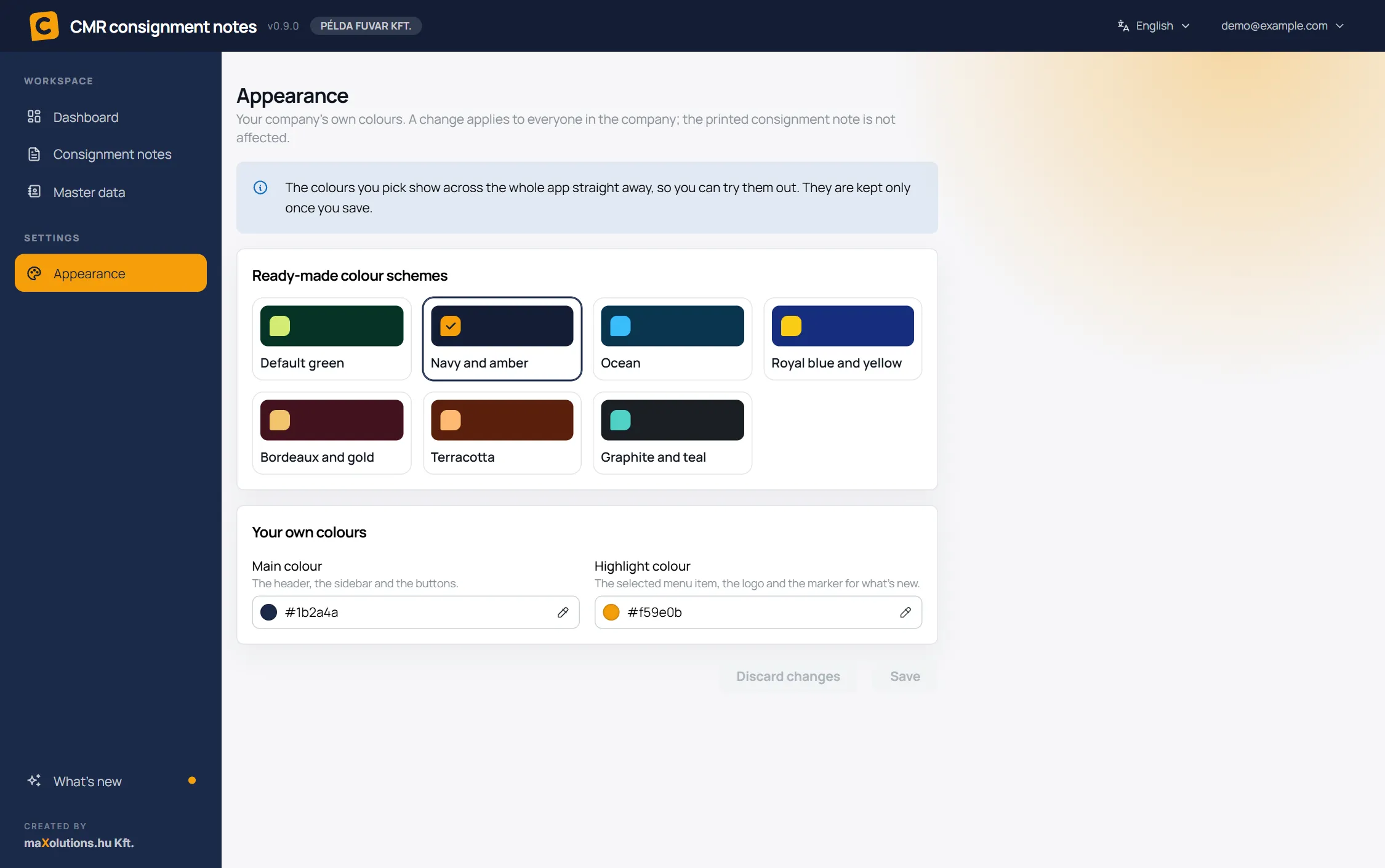Appearance screen: ready-made colour schemes and the company's own main and highlight colours, set to navy and amber