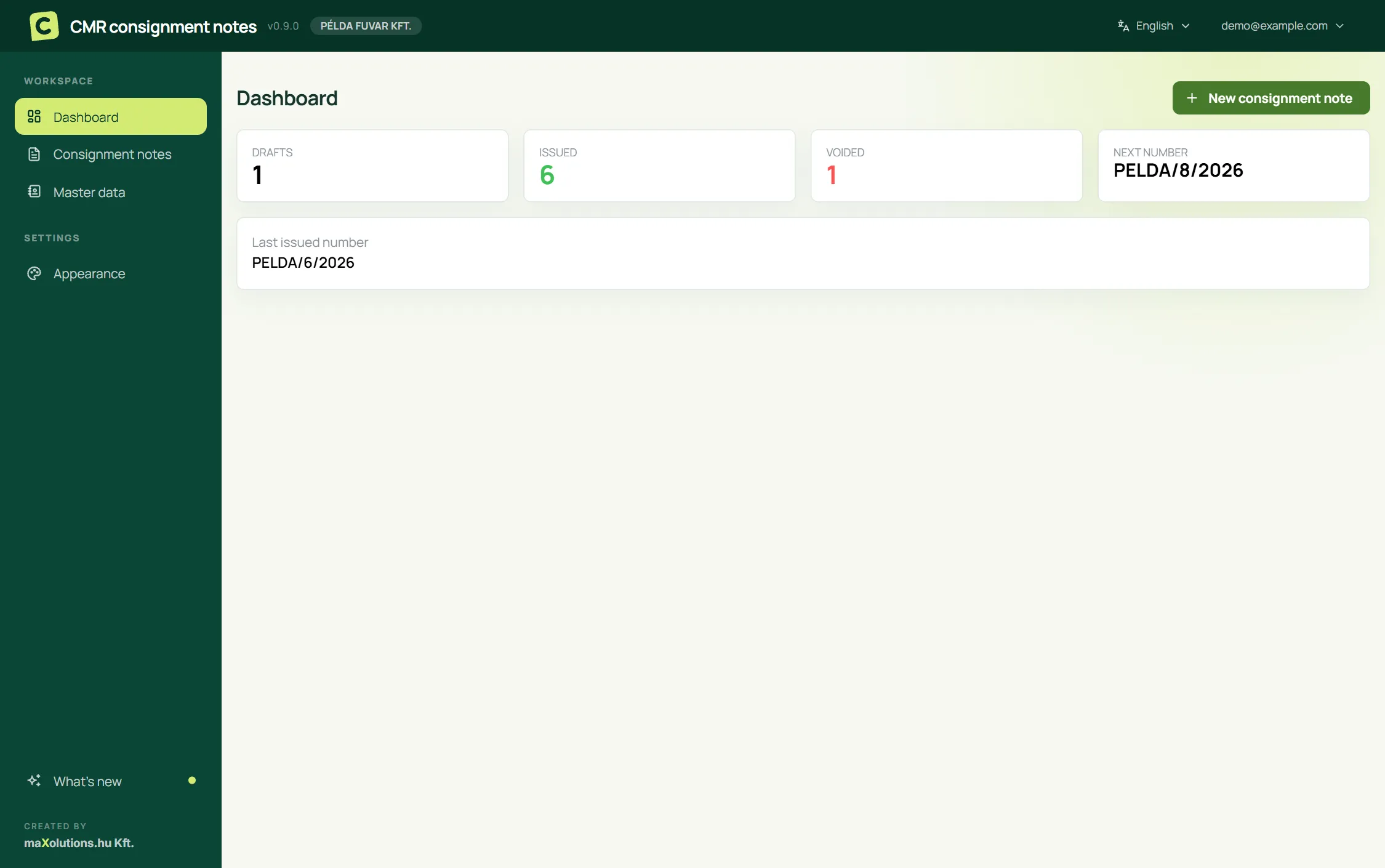Overview screen: the number of draft, issued and voided consignment notes, and the next number in sequence