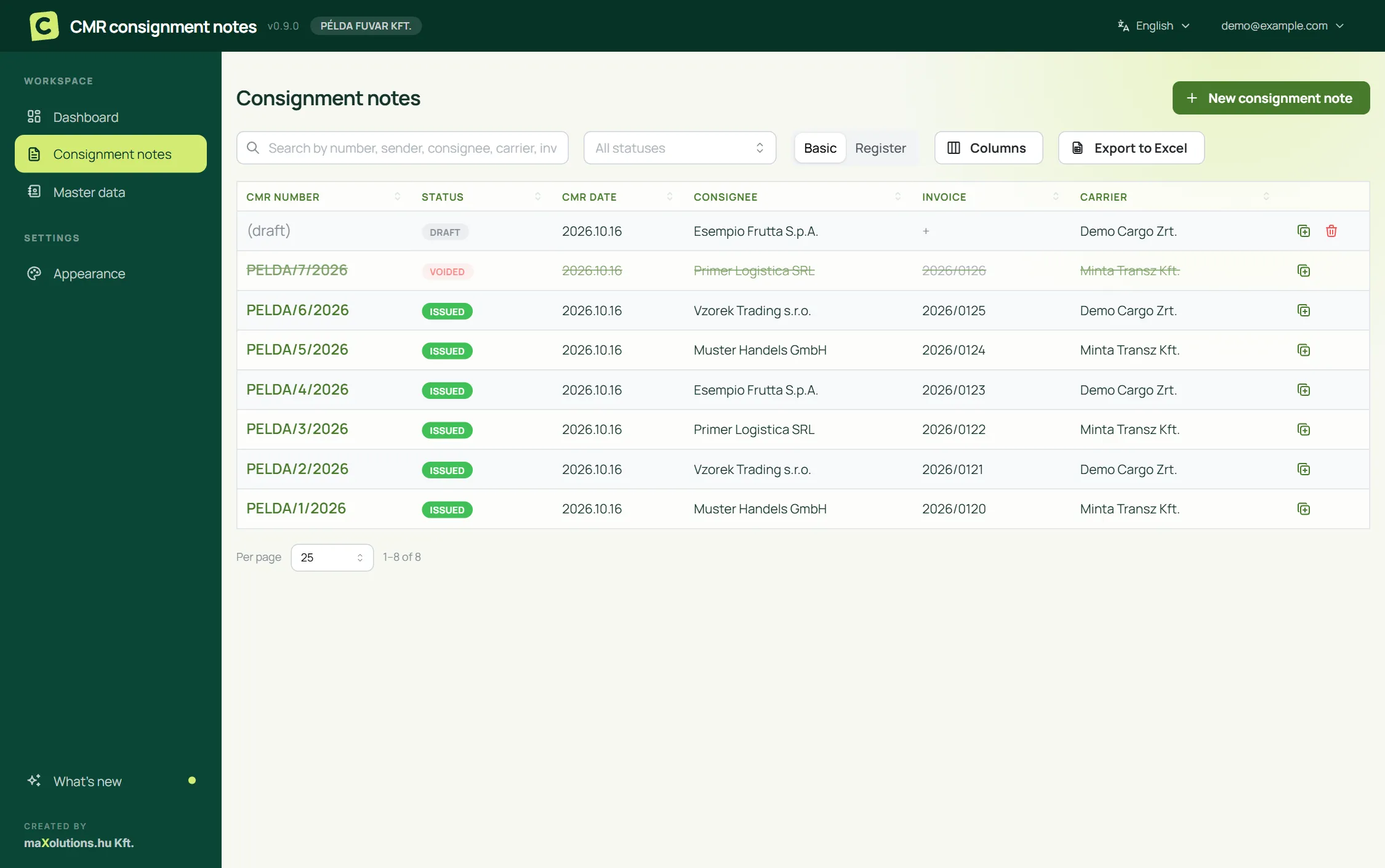 List of consignment notes in the CMR app, with number, status, date, consignee, invoice and carrier columns