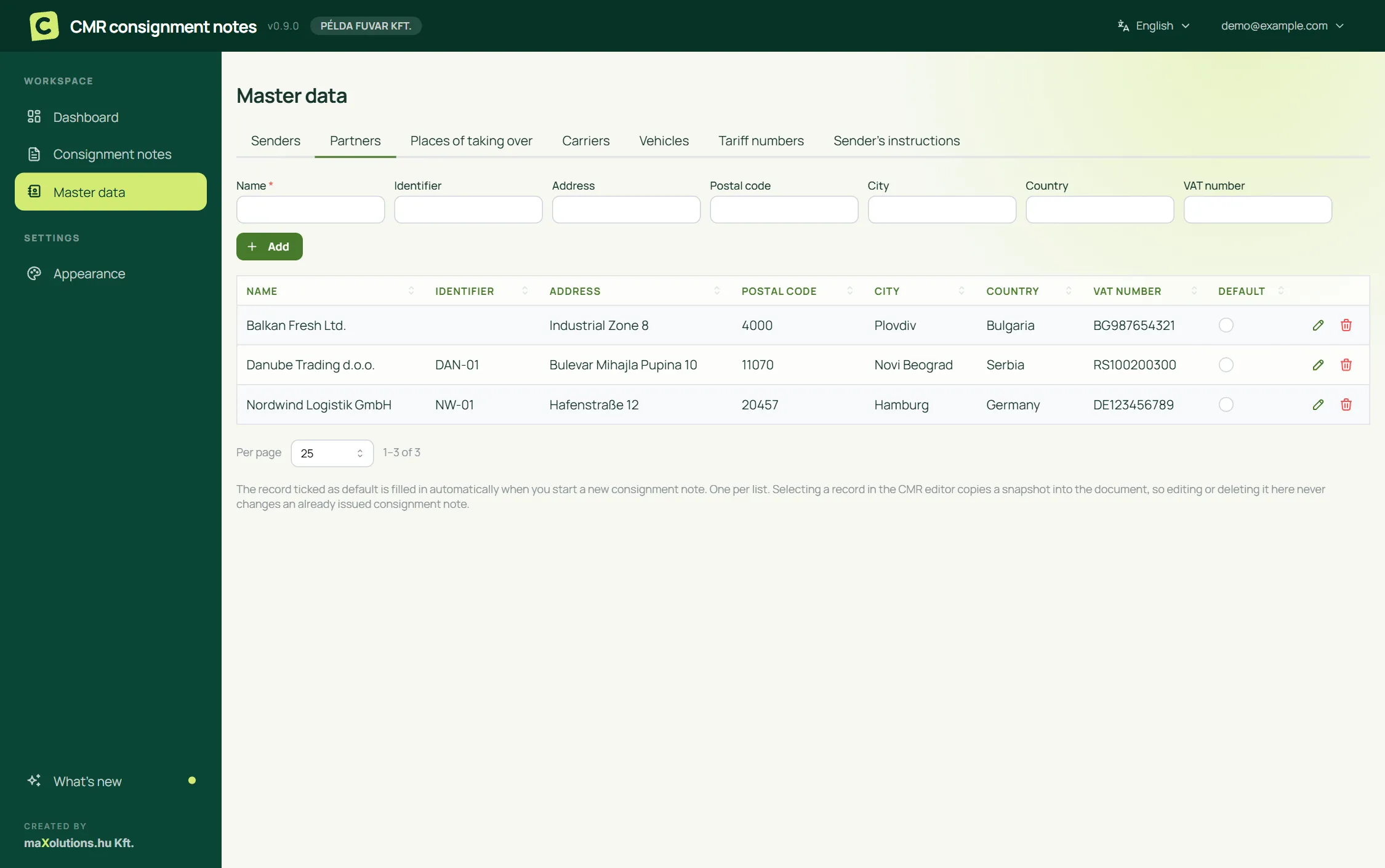 Master data screen: partners, carriers, vehicles and customs tariff codes