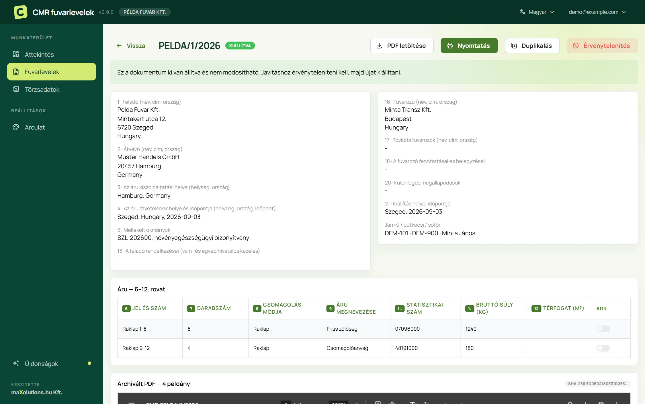 Egy kiállított CMR fuvarlevél adatlapja a számozott rovatokkal és az archivált PDF-fel