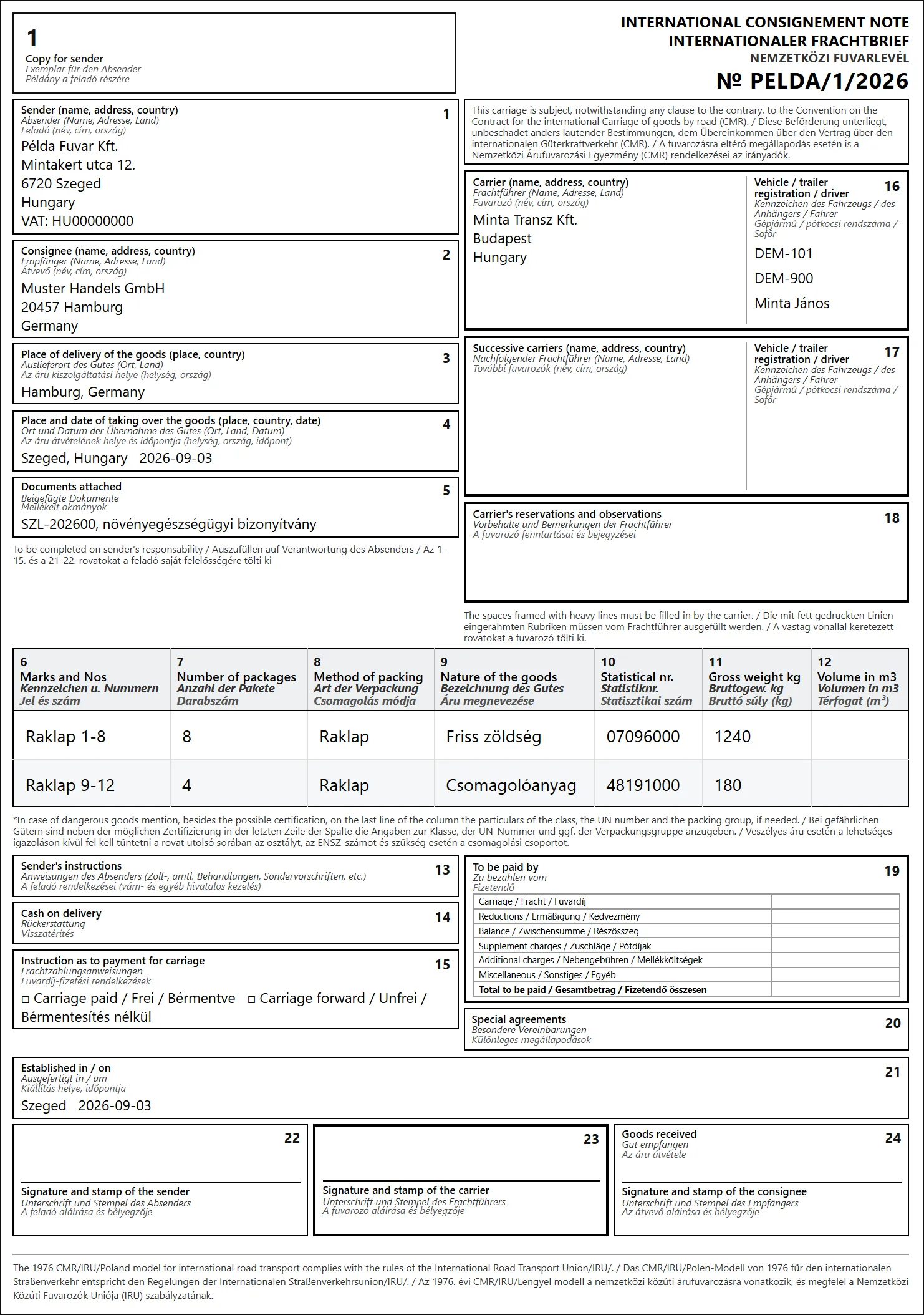 Sample CMR consignment note: the print-ready PDF with all 24 boxes, labelled in English, German and Hungarian